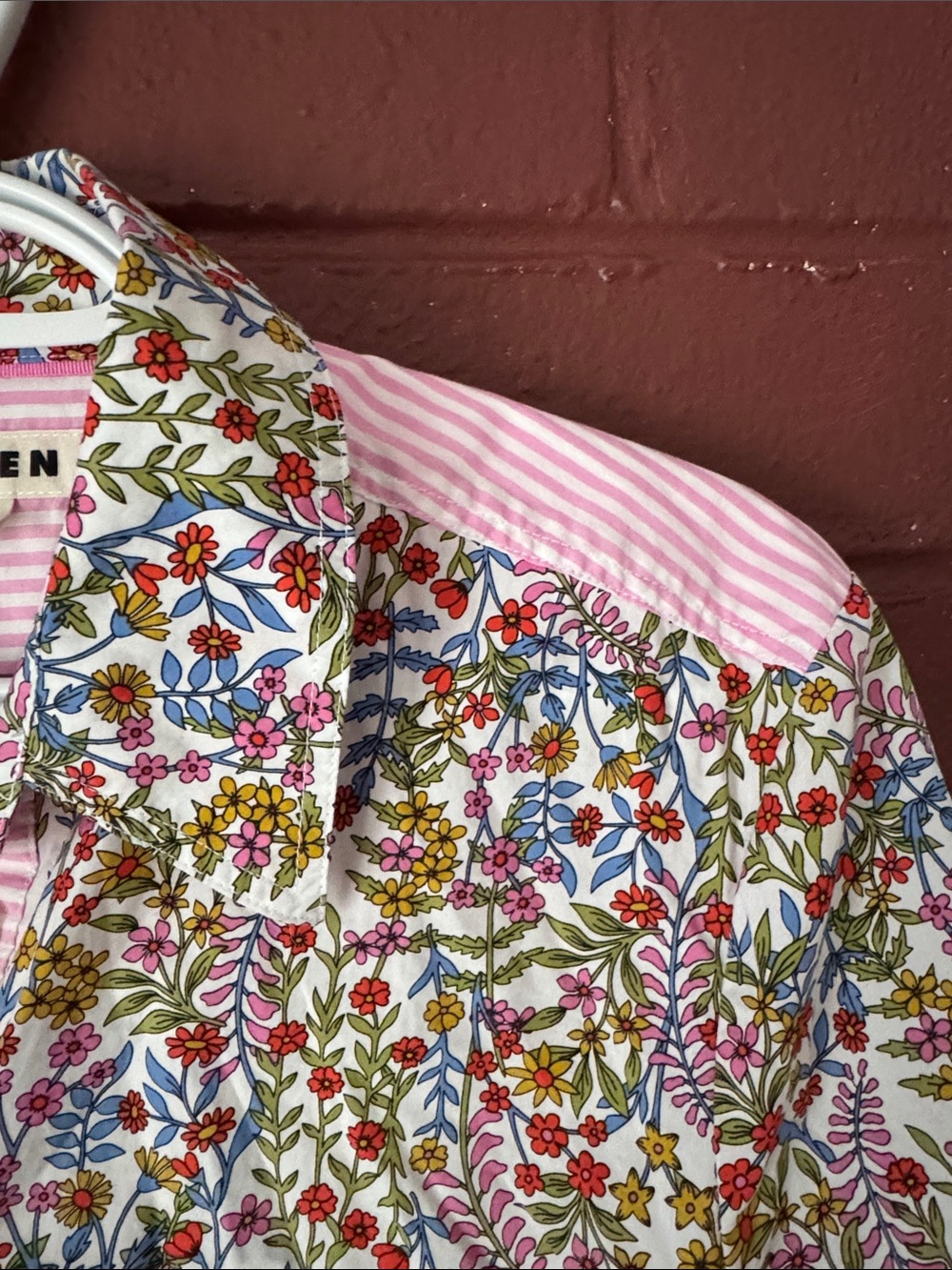 Boden Multicolor Floral Button-Down Shirt with Pink and White Stripes Size 10 - Picture 3 of 9